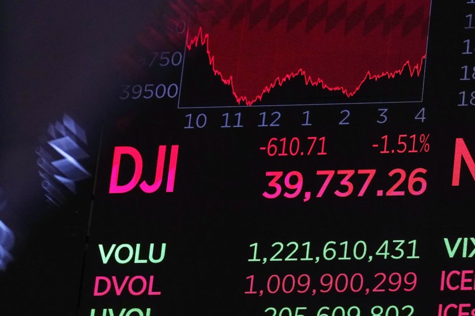 Eine Tafel über dem Handelsparkett zeigt den Schlussstand des Dow Jones Industrial Average an der New Yorker Börse. In den Dow Jones kann man auch mithilfe von ETFs investieren.