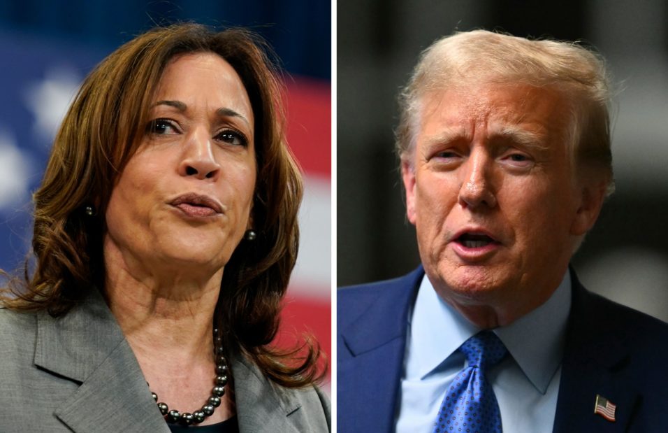 KOMBO - Kamala Harris, Vizepräsidentin der USA, hält eine Rede während einer Wahlkampfveranstaltung (Archivfoto vom 26.03.2024) und der ehemalige US-Präsident Donald Trump spricht bei seinem Schweigegeldprozesses zu den Medien (Archivfoto vom 09.05.2024). Die beiden US-Präsidentschaftskandidaten Trump und Harris wollen im September 2024 zu ihrem ersten TV-Duell gegeneinander antreten.