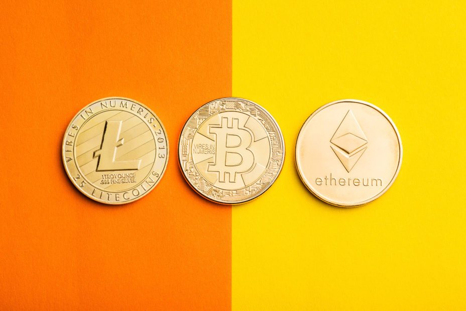 Bitcoin, ethereum and litecoin. Digital cryptocurrencies.