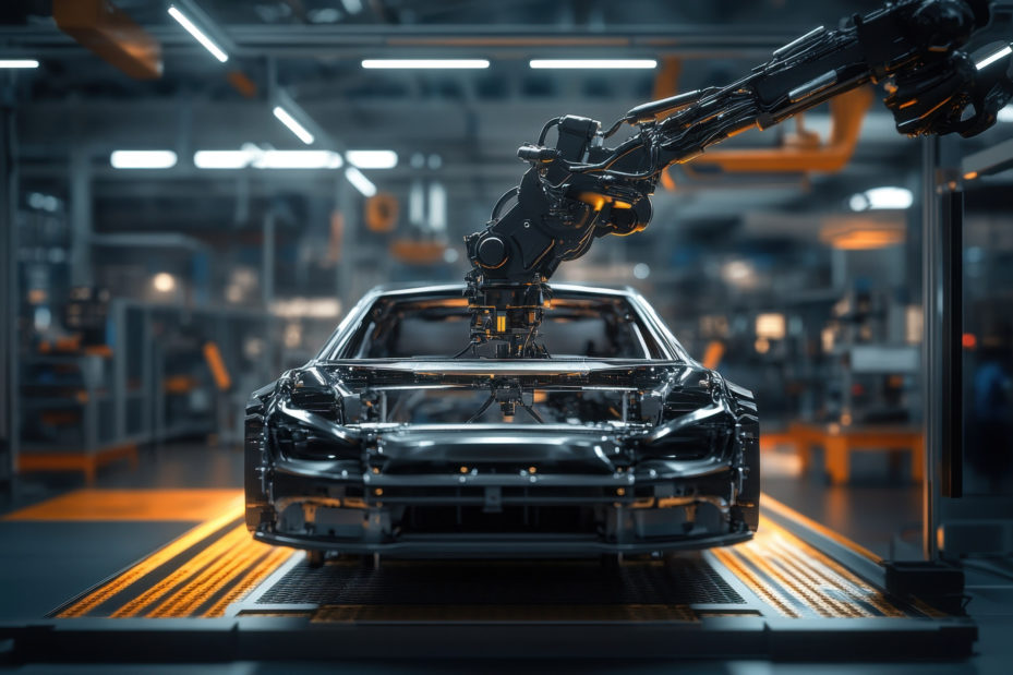 Ein Roboterarm setzt Autoteile in einer modernen Fabrik zusammen.